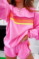 Pink loose slim fit sweatshirt with orange yellow retro stripes in casual two piece set
