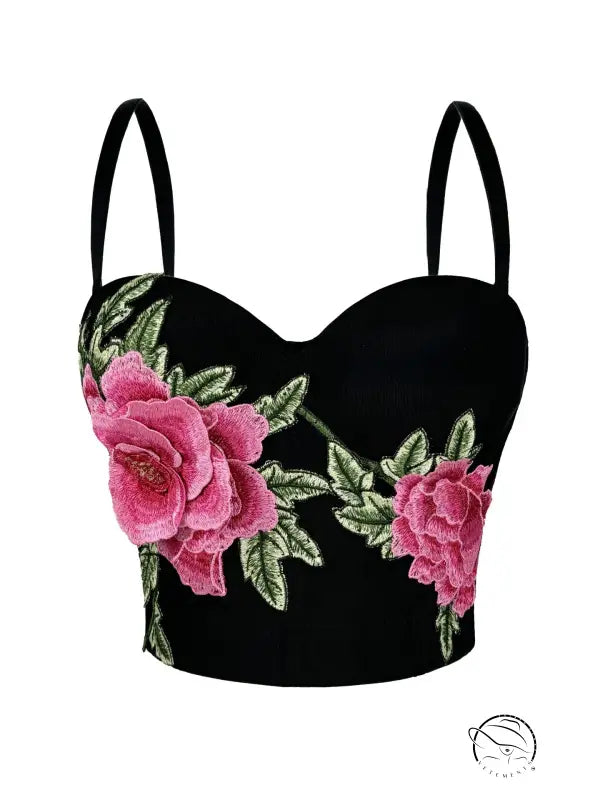Embroidered floral short boning corset in black velvet with pink roses and green leaves