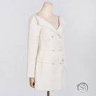 White tweed double-breasted off-shoulder langry fashion dress