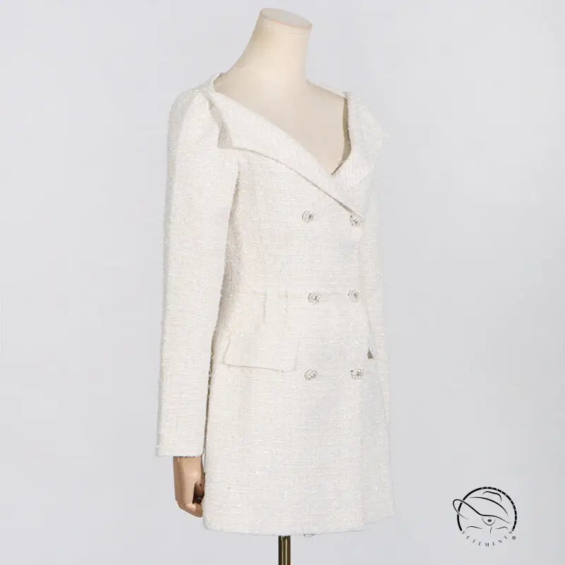 White tweed double-breasted off-shoulder langry fashion dress
