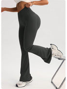 Dark gray high-waisted flared langry yoga pants in stretchy fabric