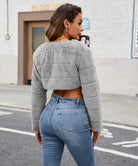 Gray faux fur cropped jacket with quilted panels in Langry fashion