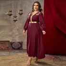Casual loose high waist A line dress in flowing maroon satin with gold embroidery