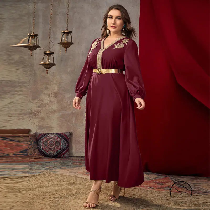 Casual loose high waist A line dress in flowing maroon satin with gold embroidery