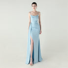 Elegant high slit evening dress in light blue satin langry fashion