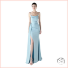 Elegant langry high slit evening dress in light blue satin fashion