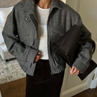 Langry fashion cozy woolen coat with tweed bomber jacket and black leather bag