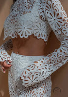 Slim fit hollow lace tops skirt two-piece set in white floral design