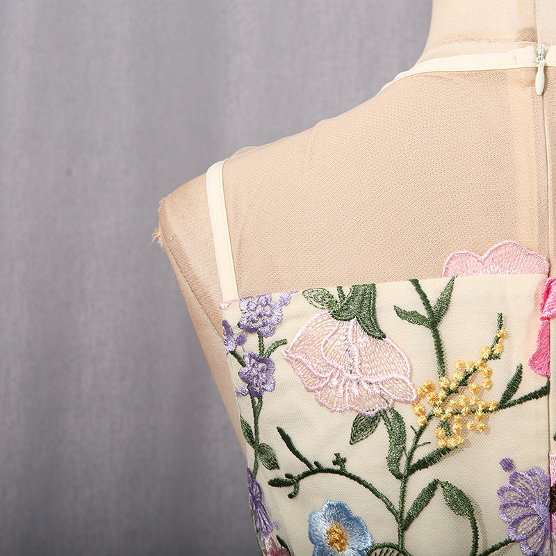 Elegant Langry French fishtail hem mesh dress with floral embroidery