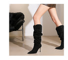 Langry fashion black suede knee-high boots with slouchy stiletto heel