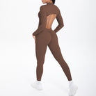 Sleek long sleeve yoga zipper one piece in solid brown with back cutout
