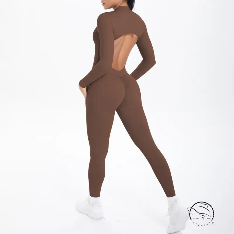 Sleek long sleeve brown yoga jumpsuit with back cutout and zipper