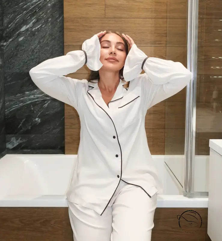 White cotton langry pajama set with black piping, collared fashion design