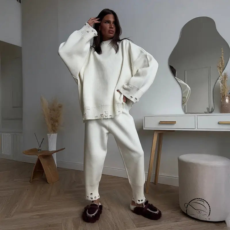 Winter Knitted Ankle Tight Pants Turtleneck Sweater Set