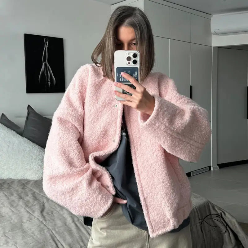 Pink short furry coat in bouclé jacket style