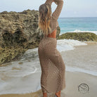 Beige crochet vacation long skirt two piece set with open knit