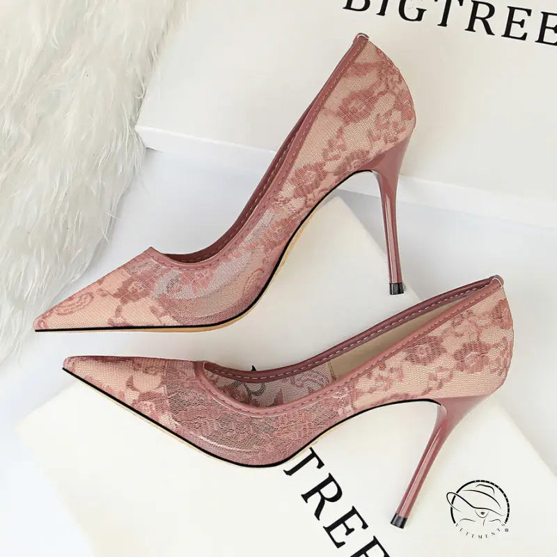 Elegant pink lace stiletto heels in Langry fashion style