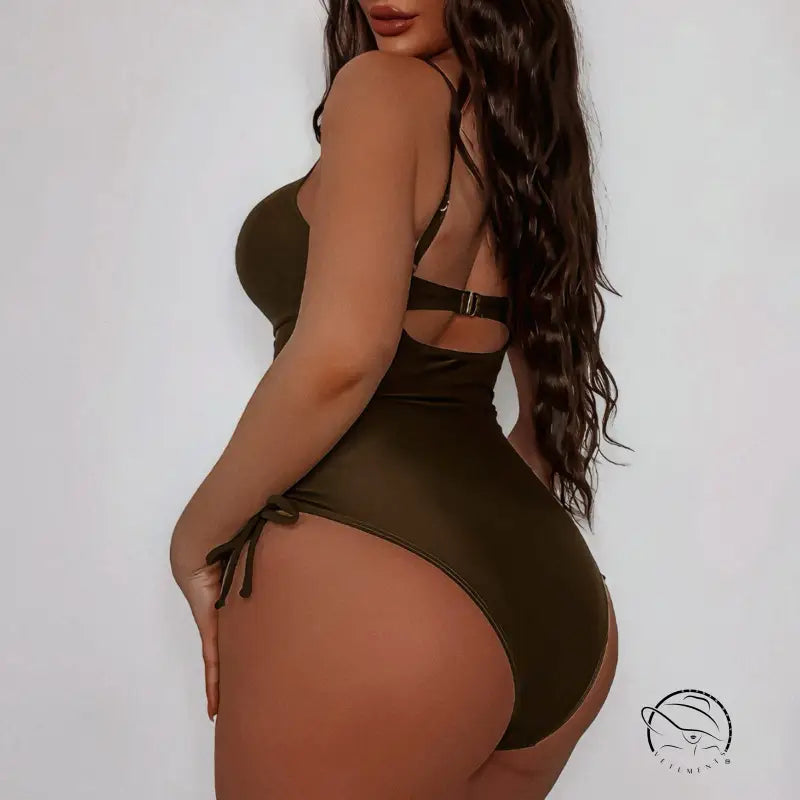 Dark brown cutout strap one-piece swimsuit with adjustable straps
