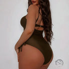 Dark brown cutout strap one-piece swimsuit with adjustable straps