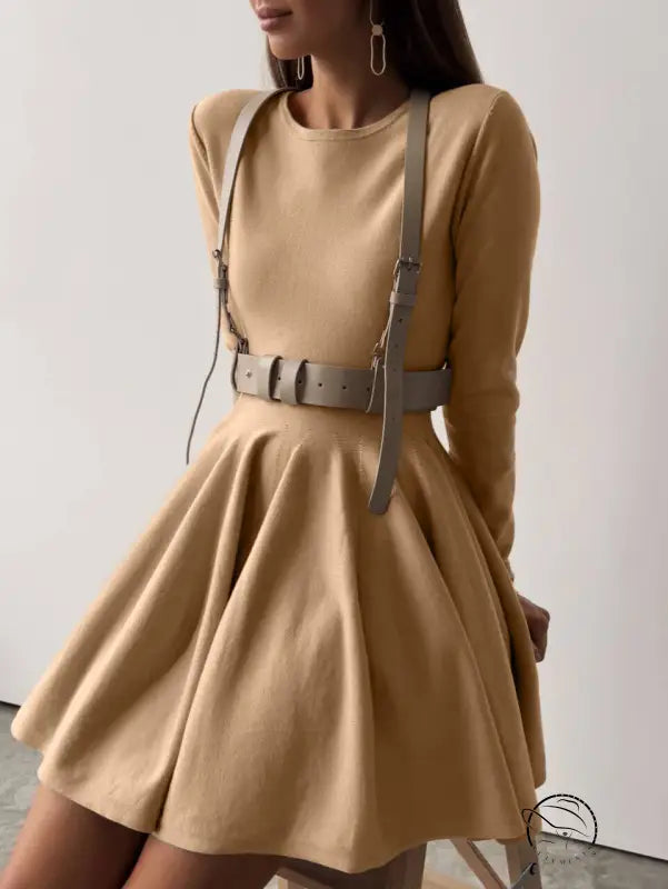 Beautiful woolen knitted tan long-sleeved dress with harness belt