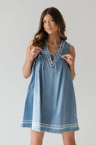 Blue denim dress with white trim from Beautiful Embroidered Vest Denim Dress in fashion ملابس