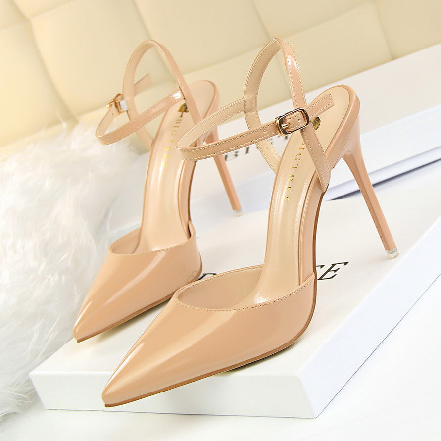 Langry nude patent leather slim fit strap high heel pumps