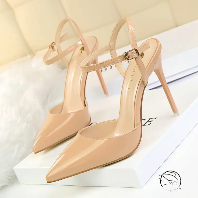 Nude leather slim fit strap high heel pumps with pointed toe