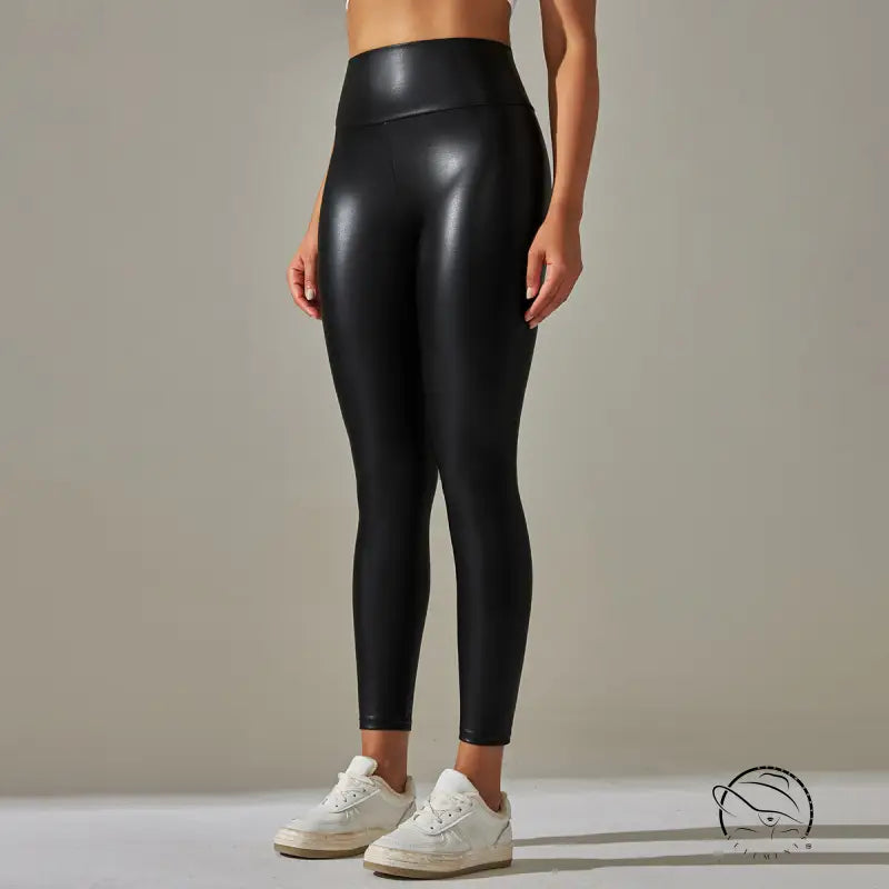 High waist faux leather leggings with white sneakers