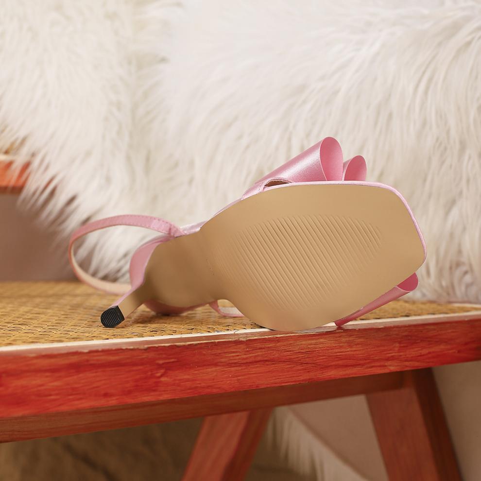 Langry fashion beige pink stiletto heel with rhinestone bow silk strap