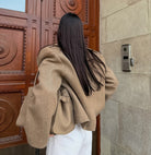 Beige Langry oversized hooded coat with pockets, fashion apparel