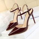 Burgundy langry patent leather pointed toe high heel with ankle strap