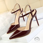 Burgundy patent leather slim fit strap high heel with pointed toe