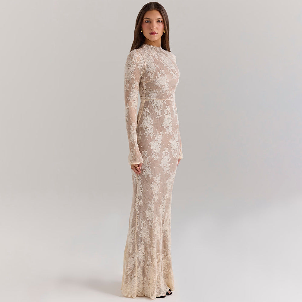 Lace-covered long-sleeved floor-length dress from the Stunning Slim Sheath Dress collection
