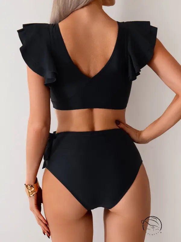 Stunning high waist black ruffled two-piece bikini