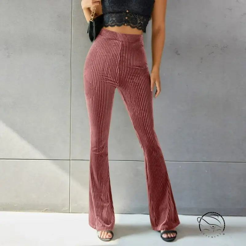 High waist pleuche sunken stripe flared corduroy pants