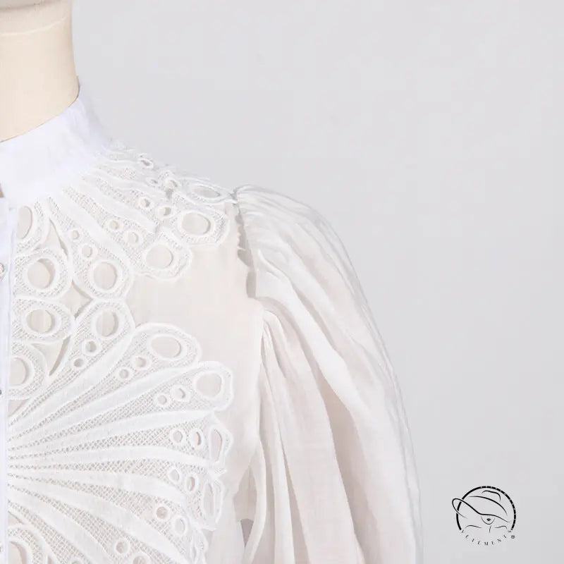 White eyelet blouse in French artistic palace embroidery jumpsuit