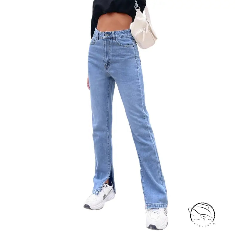 Light blue high-waisted straight-leg denim pants with ankle slits