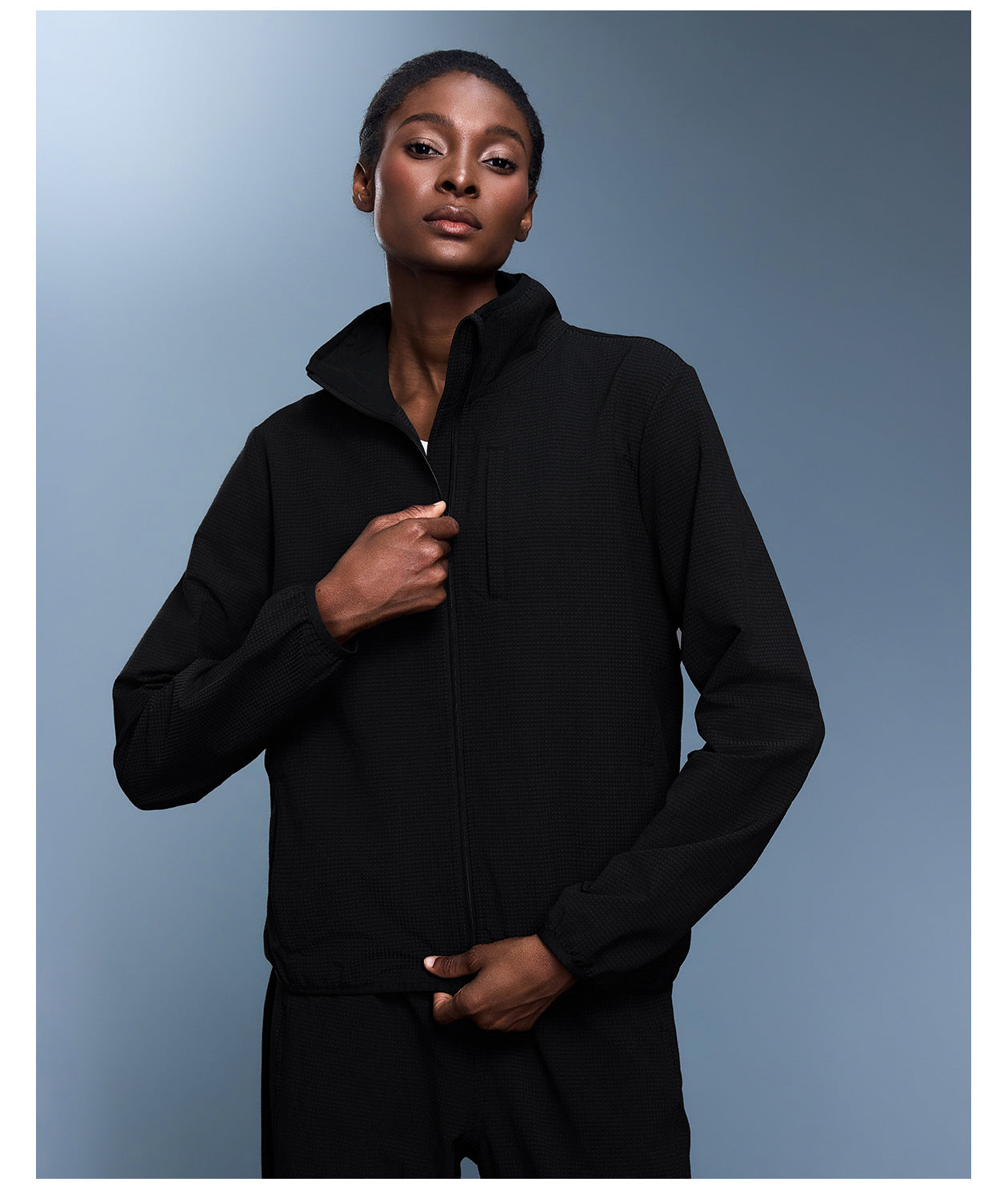Langry black fleece zip-up sweater for outdoor fashion ملابس