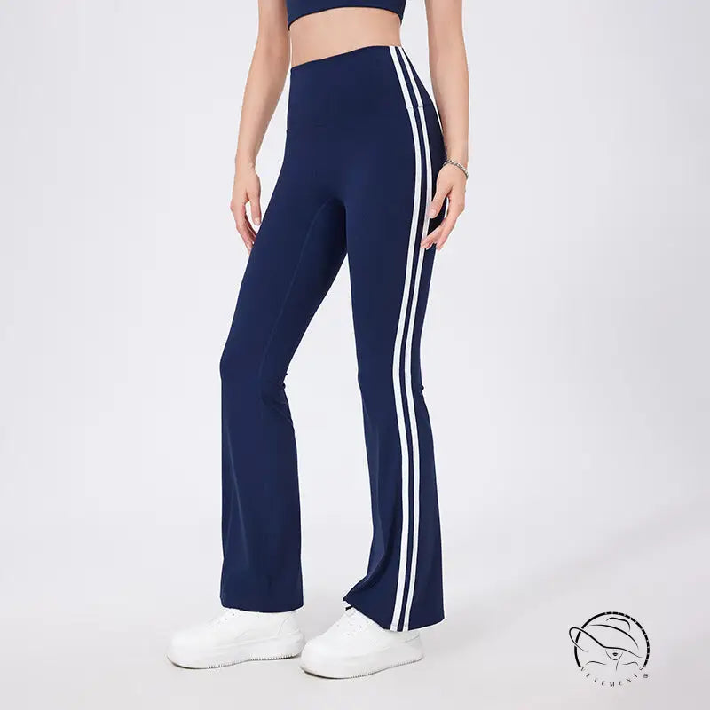 Navy blue high waist yoga pants with white stripes and peach hip raise