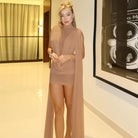 Elegant langry fashion beige high-slit mesh ribbon hip wrapped dress with flowing cape and gold accessories