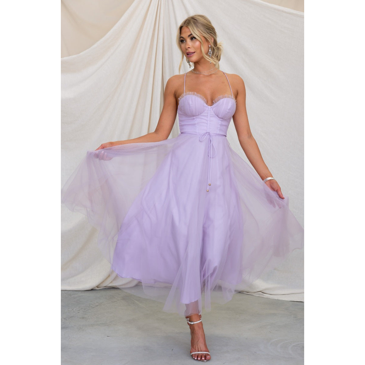 Lavender purple lavender tulle midi dress from ELEGANT SLING DRESS collection