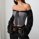 Langry grey satin off-shoulder crop top with bow detail