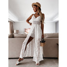 White lace maxi dress with side slits and spaghetti straps for elegant casual fashion ملابس
