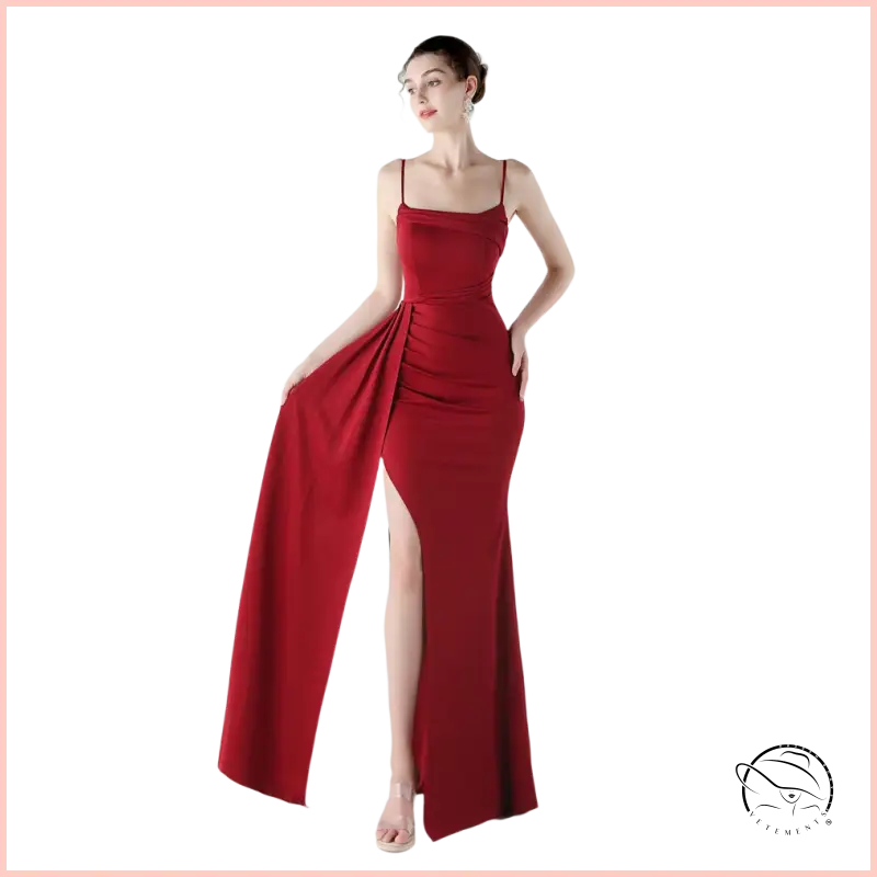 Elegant deep red satin evening gown with high slit, langry fashion ملابس