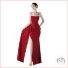 Elegant deep red satin evening gown with high slit, langry fashion ملابس