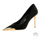 Elegant black suede langry fashion pump with gold pointed toe and stiletto heel