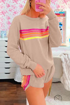 Beige loose slim fit casual two-piece set with rainbow stripes