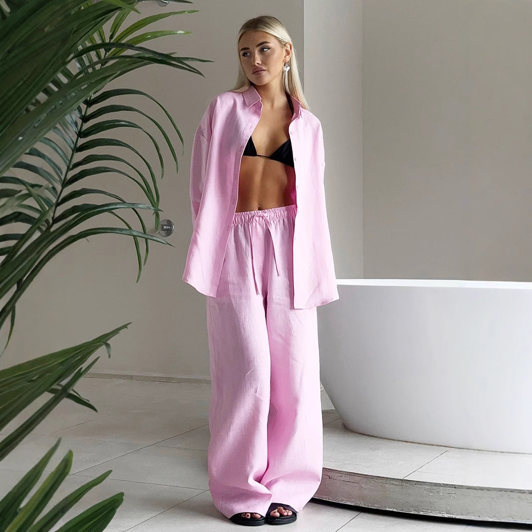Woman in pink linen pantsuit from Cotton Shirt Trousers Casual Sets showcasing stylish ملابس