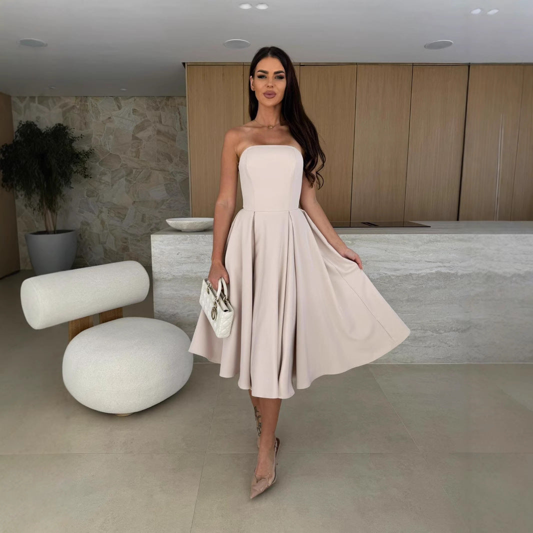 Strapless beige Gorgeous Midi Dress ideal for langry fashion and stylish ملابس choices