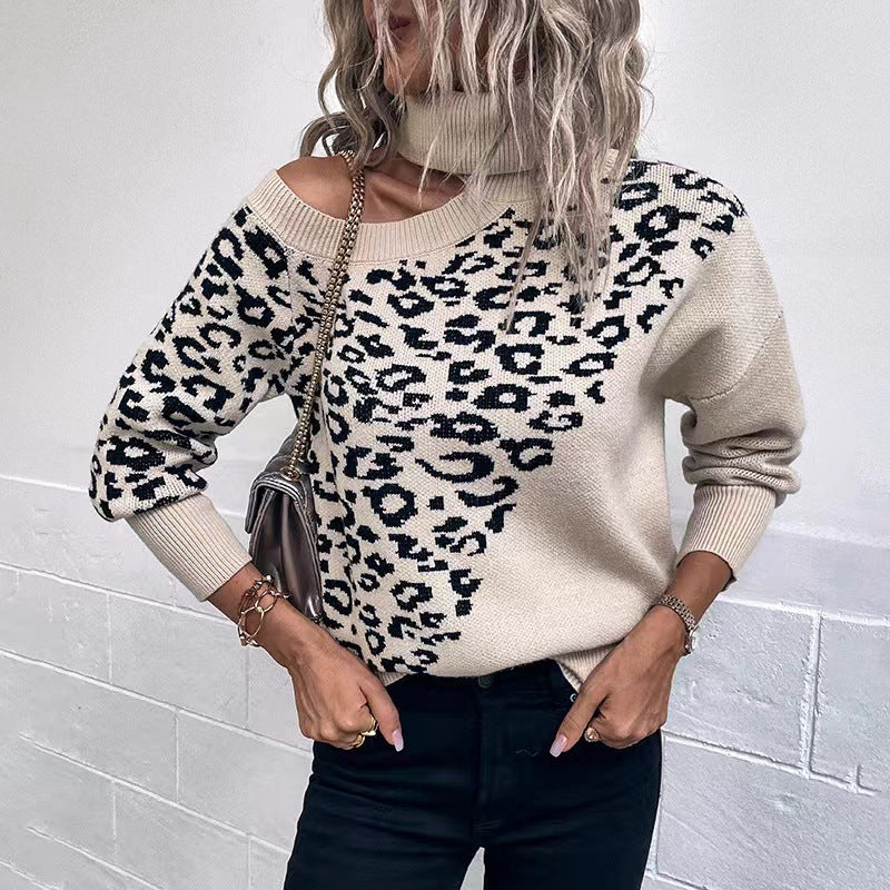 Langry Leopard Print Stud Winter Sweater with Off-Shoulder Neckline